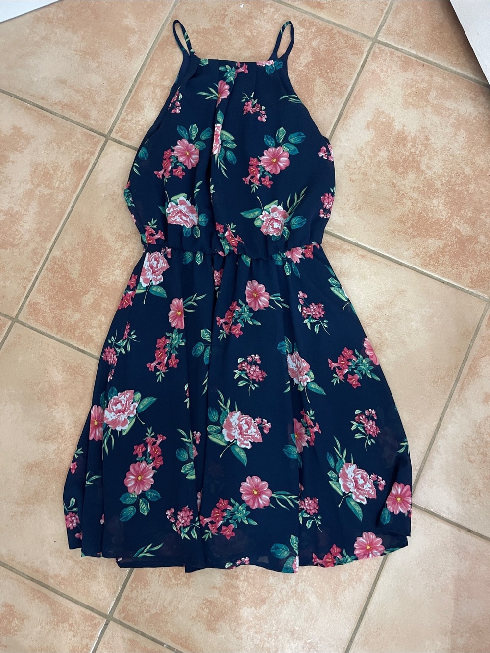 miami Navy Floral Mini Dress with Pink Print